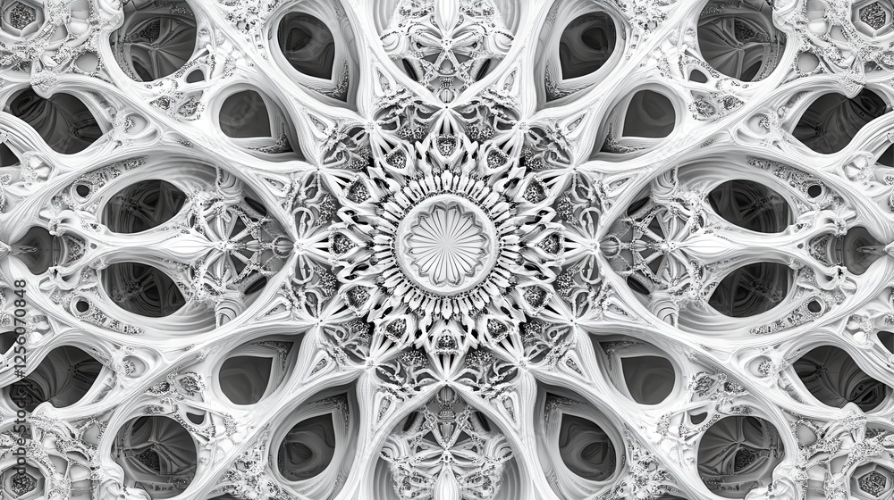 Poster intricate white abstract pattern design with detailed filigree and symmetrical geometry for elegant 
