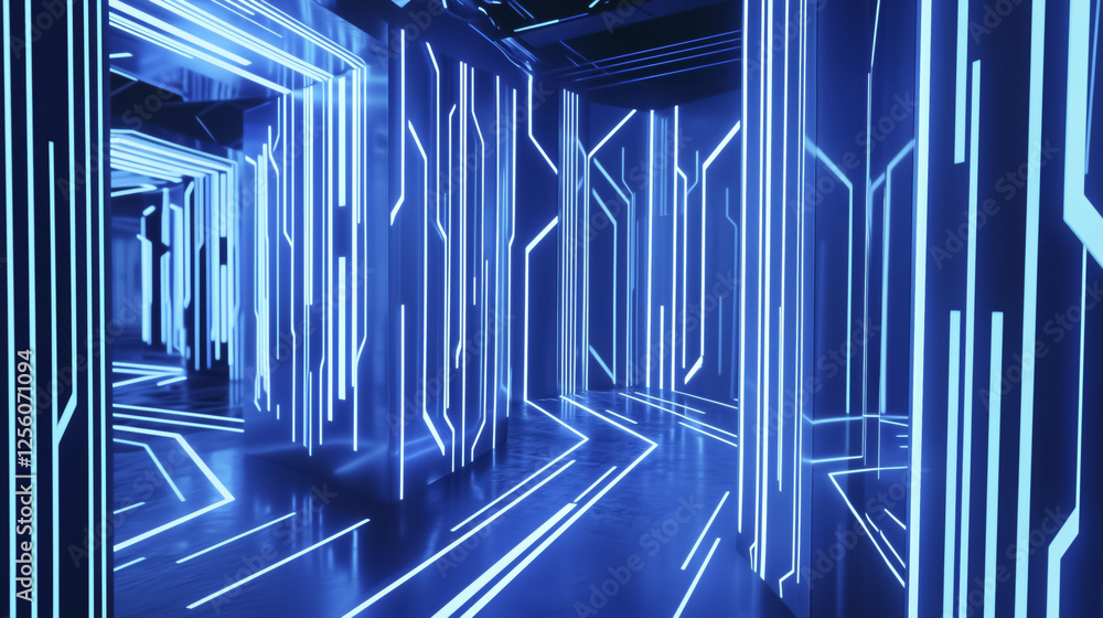 Poster futuristic corridor with glowing blue neon lights and geometric patterns, creating digital and immer