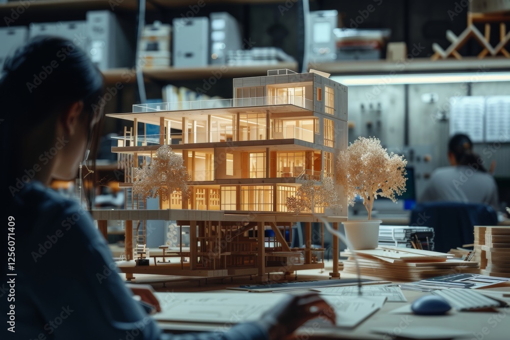 Poster architect utilizing ai technology for blueprint creation in a futuristic digital design office