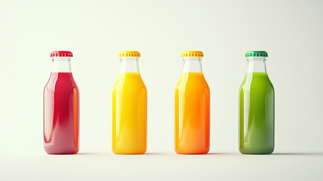 Four glass bottles filled with different colored juices - red, yellow, orange and green sealed with a matching cap in a row on a light background.