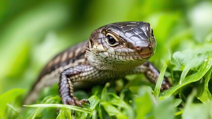 Obraz premium Lizard in green grass, garden closeup, nature background, wildlife photography
