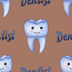 Seamless Pattern Blue Kawaii Tooth and Text Dentist Big Design on Mocha Mousse Background