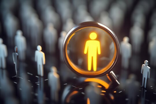 a magnifying glass hovers over diverse 3d avatars in a digital space, highlighting one glowing figure in vibrant yellow against muted white silhouettes, with soft ambient lighting and depth of field