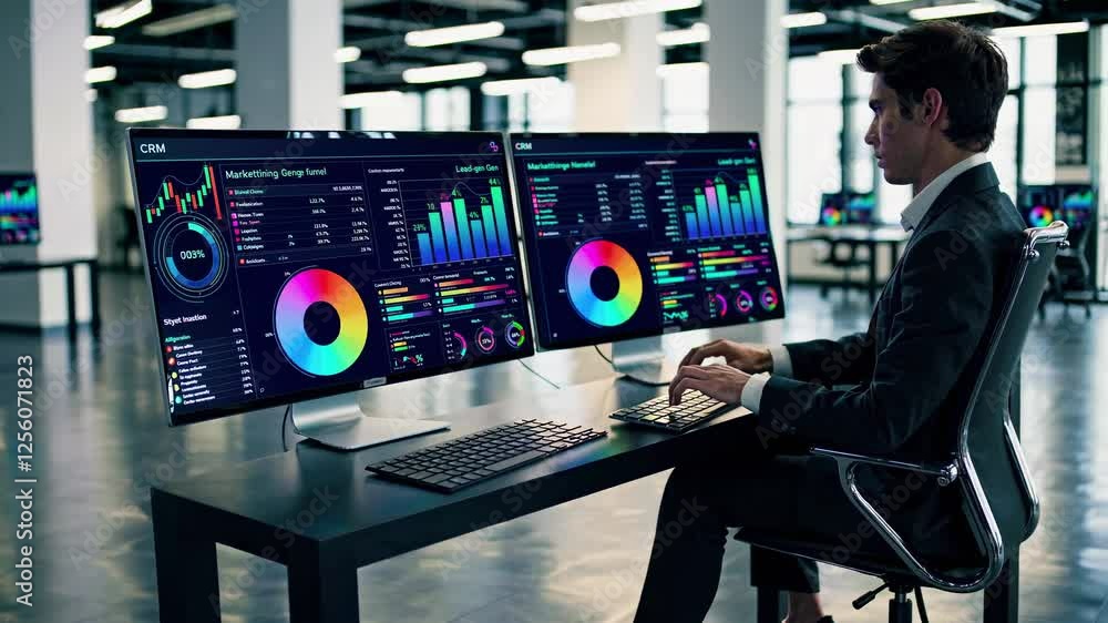 Poster professional working on data analysis in a modern office setting with multiple screens displaying ch