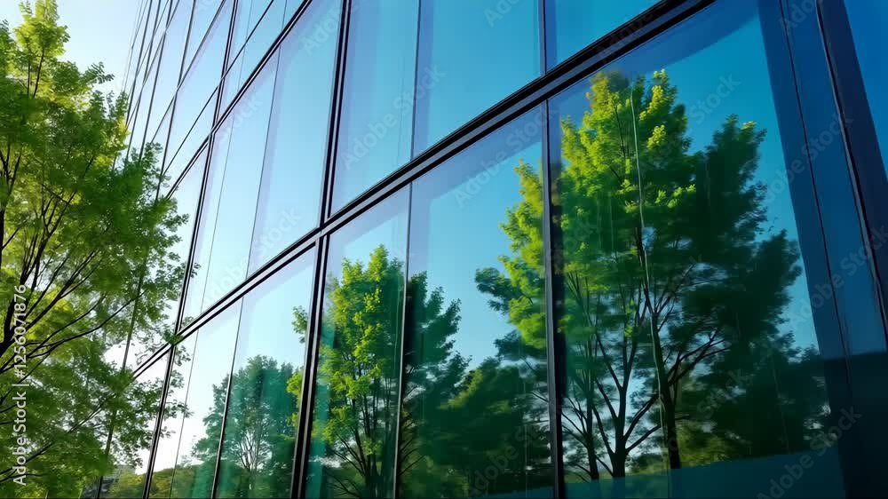 Poster building with a large tree in front of it. the tree is reflected in the windows of the building