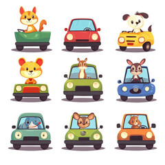 Naklejka premium Adorable Animals Driving Cute Cars Joyful Ride Happy Day