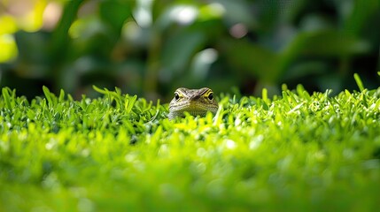 Lizard hiding in grass, garden, sunny day, wildlife