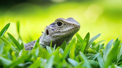 Obraz premium Lizard hiding in green grass, sunny garden