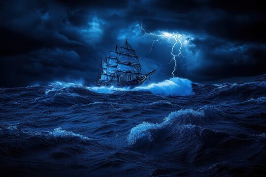 a majestic clipper ship battles towering waves under stormy moonlight, lightning illuminates dark clouds, dramatic maritime scene with deep blues and silver highlights