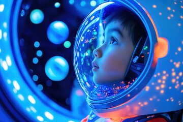 Young Child In Colorful Space Helmet