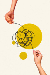 Poster image vertical photo collage of business people hands hold rope tangled thread rope sewing...