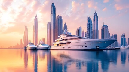 Naklejka premium Boat docked in harbor with city skyline and panoramic view of marina at sunset in urban setting