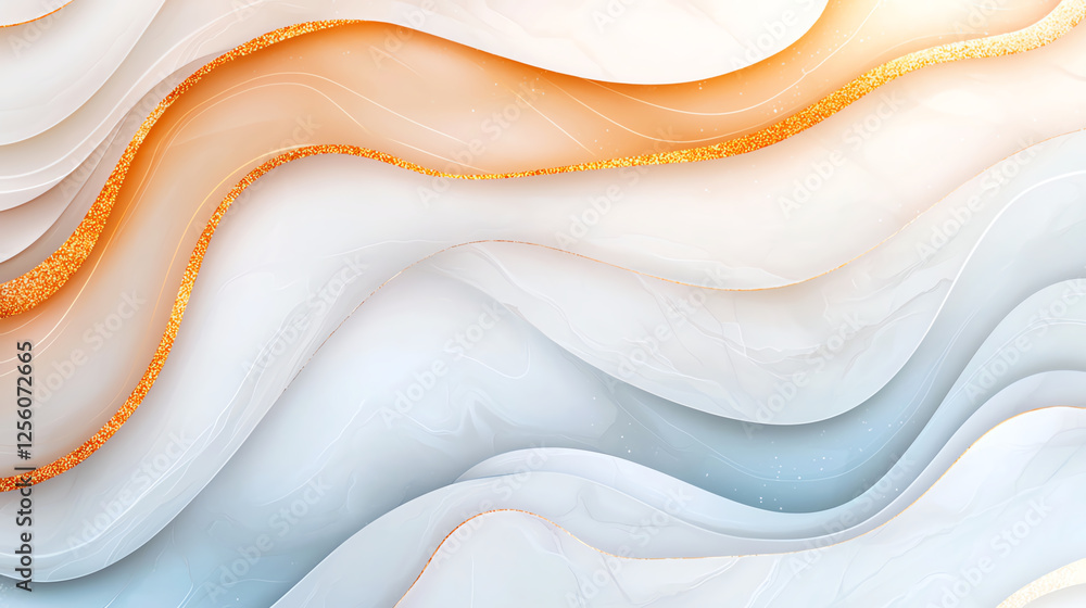 Poster elegant marble texture with flowing waves in white and gold tones, creating serene and luxurious bac