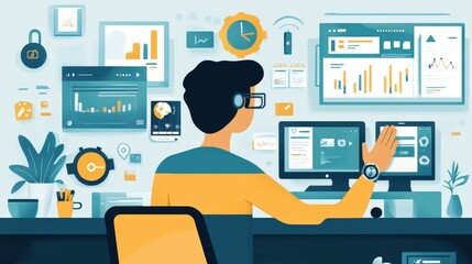 A hand wearing a smartwatch interacts with a futuristic holographic interface, displaying various digital elements and data. The scene suggests advanced technology and innovation.