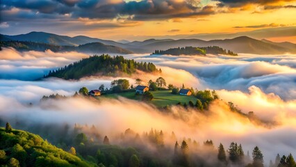 Fototapeta premium Sunrise over Foggy Mountain Valley