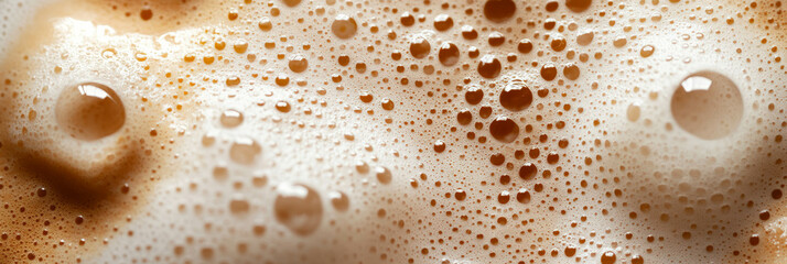 Close-up view of creamy coffee foam with bubbles against bright background