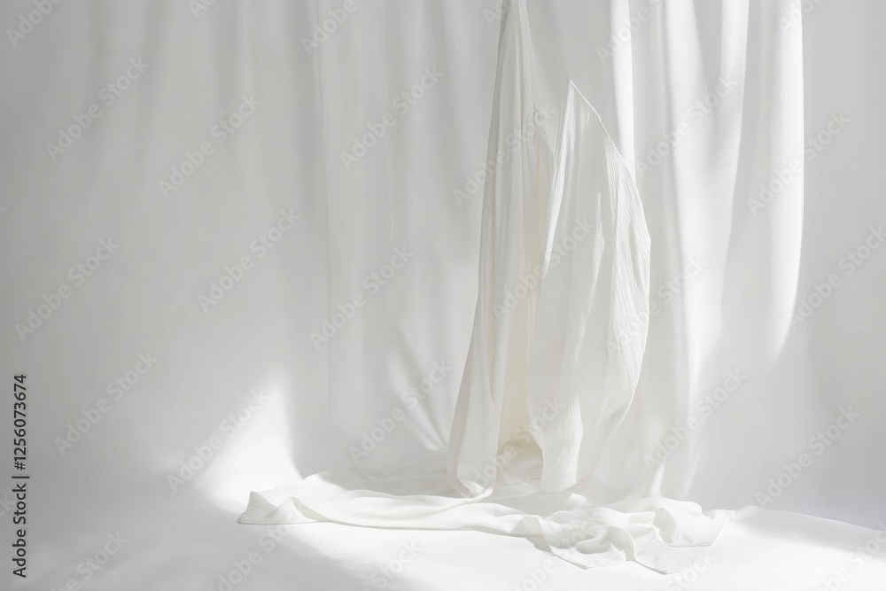 Poster minimalist clothing display with flowing fabric on a soft white background creating an elegant atmos