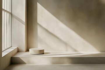 a minimalist studio interior with soft gradient beige walls, dramatic window light casting geometric shadows, perfect for product photography