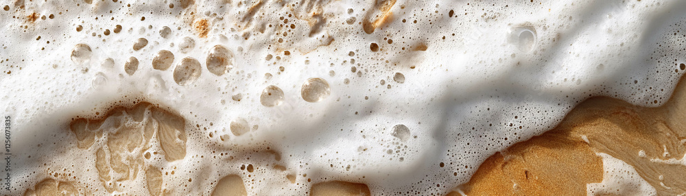 Poster close-up view of sea foam on wet sand showcasing unique textures and patterns