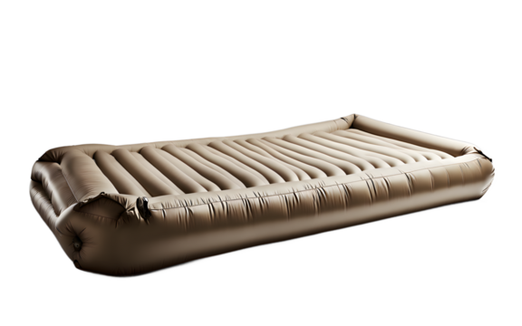 A rolled-up inflatable air mattress for beach lounging, isolated on a empty plain background