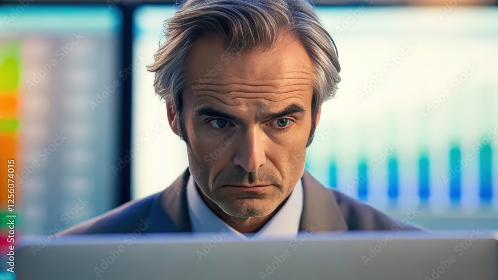 Poster a businessman intently reviewing financial data on his computer. he has a serious expression as he e