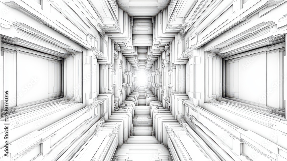 Poster abstract perspective of a minimalist tunnel with geometric shapes and a bright center illuminating t