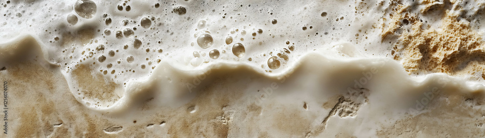 Poster close-up view of sea foam on wet sand showcasing unique textures in a vibrant setting
