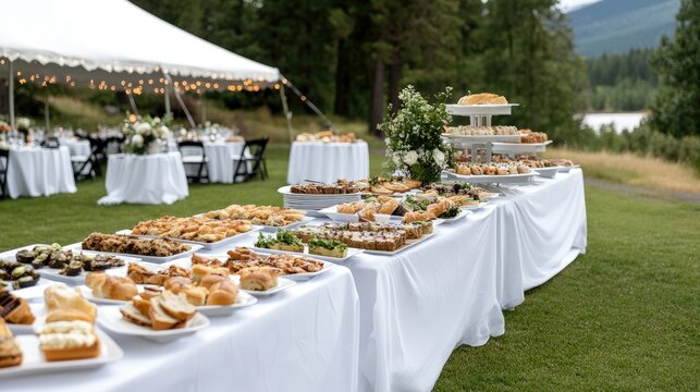 Elegant outdoor buffet spread featuring a variety of food on tables in a picturesque setting during a special event