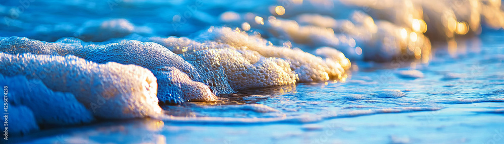Poster close-up of intricate patterns in wet sand shaped by gentle waves against a bright background