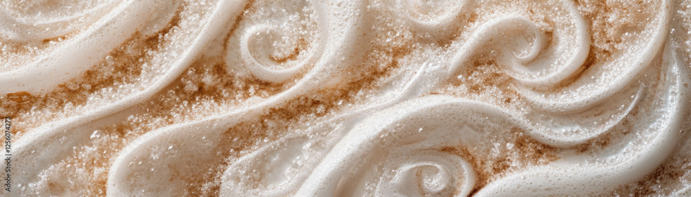 Poster intricate patterns on wet sand created by gentle waves against a bright backdrop