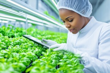 Scientist Analyzing Leafy Plants With Tablet Focus