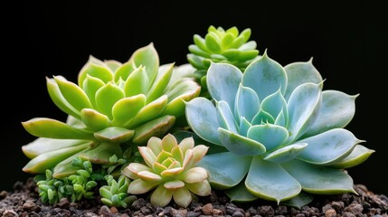 Succulents arrangement on dark background. Potted succulents displayed for aesthetic purpose