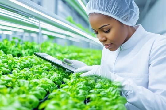 Scientist Analyzing Leafy Plants With Tablet Focus
