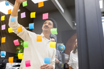 Diverse team collaborating with colorful sticky notes