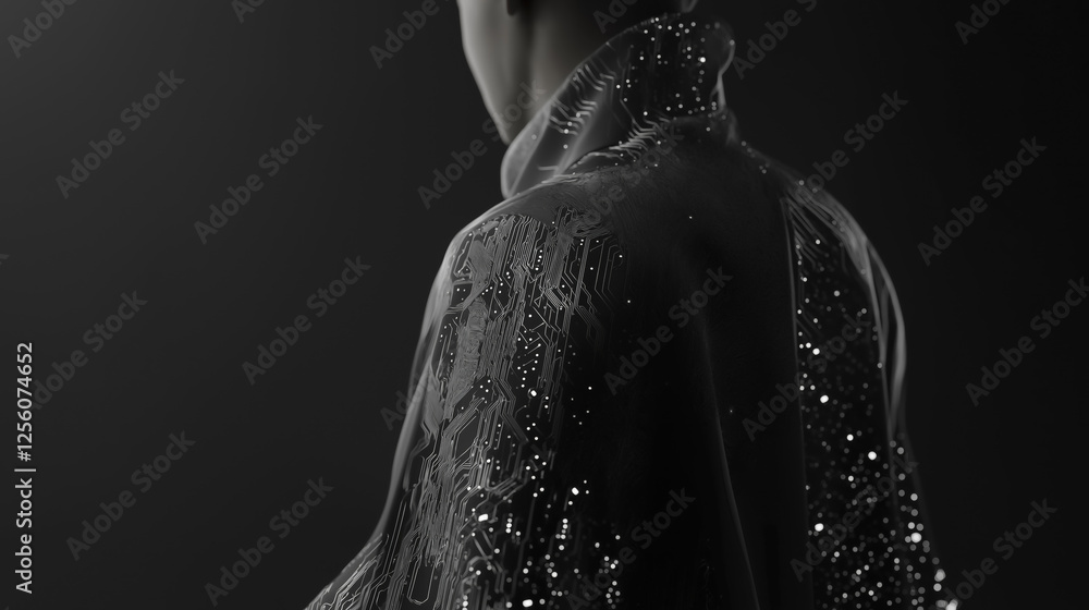 Poster futuristic garment with intricate circuit patterns and glowing elements is showcased on mannequin, h