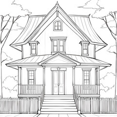 Victorian House Detailed Architectural Drawing Black and White Sketch Wraparound Porch Gabled Roof Line Art