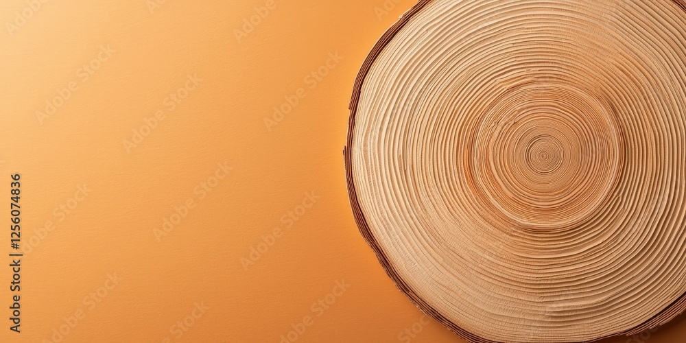 Poster effects transformation perspective concept. wooden slice on orange background showcasing natural pat