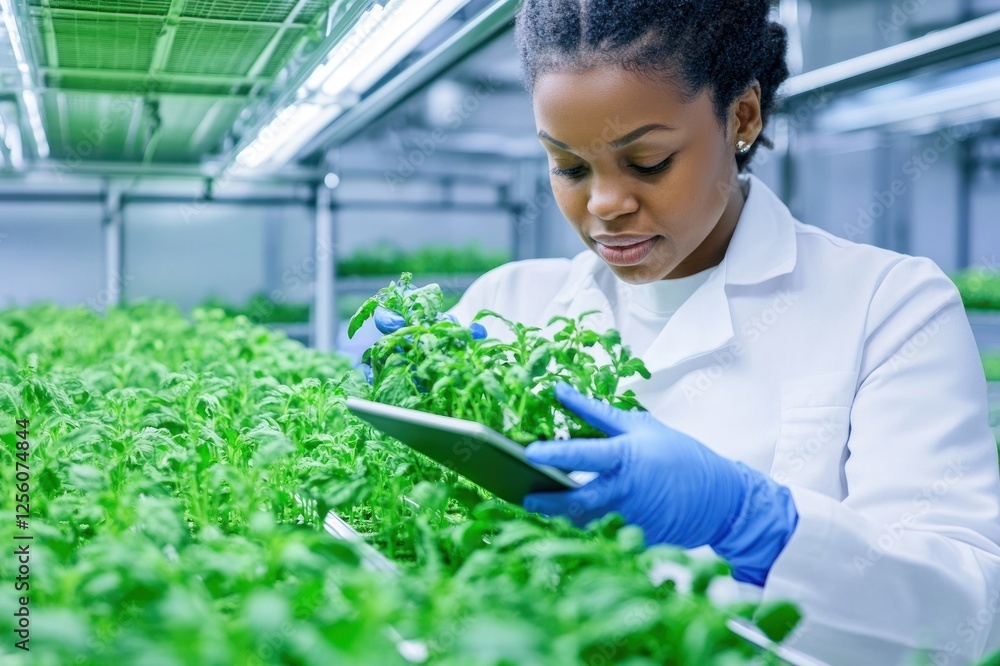 Poster scientist examining greenery in a lab environment