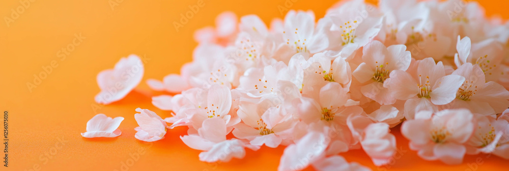 Poster bright orange background highlights delicate cluster of sakura petals creating a soft ambiance