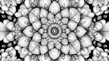 Intricate Black and White Mandala Design Featuring Floral Patterns and Symmetrical Shapes for Meditation and Relaxation