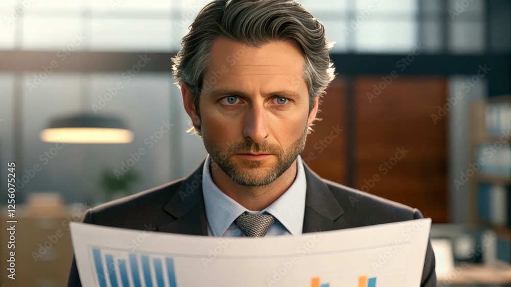 Poster a businessman with a serious expression, analyzing financial data. he holds a document with charts a