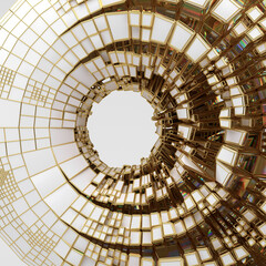 Naklejka premium 3d render abstract art 3d background with part of ceramic surreal ring doughnut or torus with wire deformed part with diamond fractal structure in transparent glass material with gold parts 