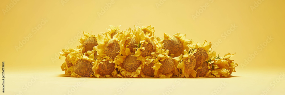 Poster sunflower heads clustered together on a light yellow backdrop with soft shadows