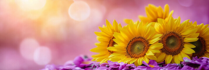 Obraz premium Cluster of sunflowers with bright purple background creates a vibrant floral display