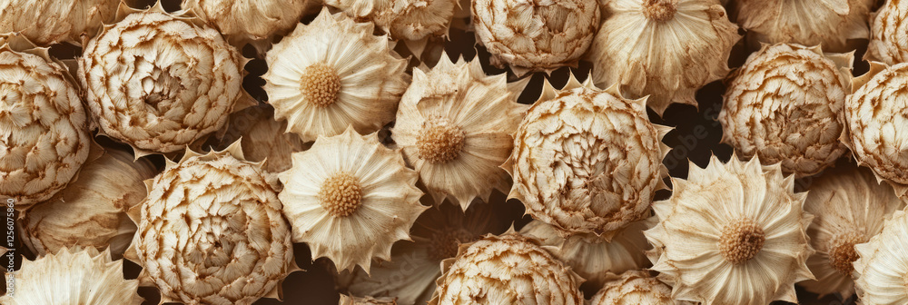 Poster sunflower heads cluster against a light brown background creating a vibrant decorative display