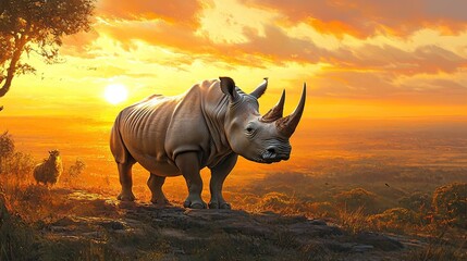 Fototapeta premium Rhino sunset savanna Africa wildlife landscape