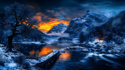 Fototapeta premium Fiery sunset over snowy mountains, river, and winter trees; ideal for travel brochures