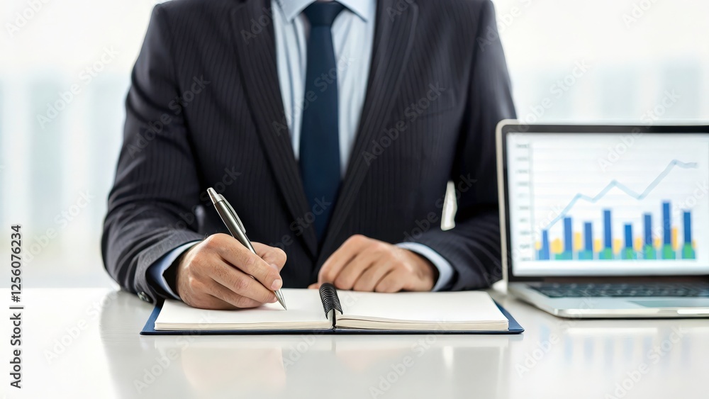 Poster a businessman meticulously taking notes in a notebook, with a laptop displaying a successful graph i