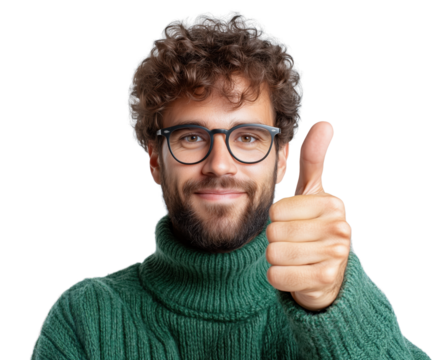 Happy young man showing thumbs up with curly hair in green sweater against transparent background - Powered by Adobe