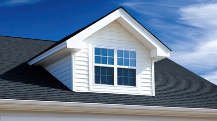 White window on sloped roof against blue sky showcasing architectural details in a modern residential neighborhood